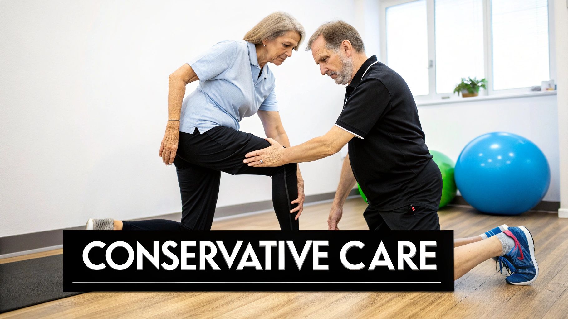 Older woman performing a leg exercise with a male physical therapist assisting her.