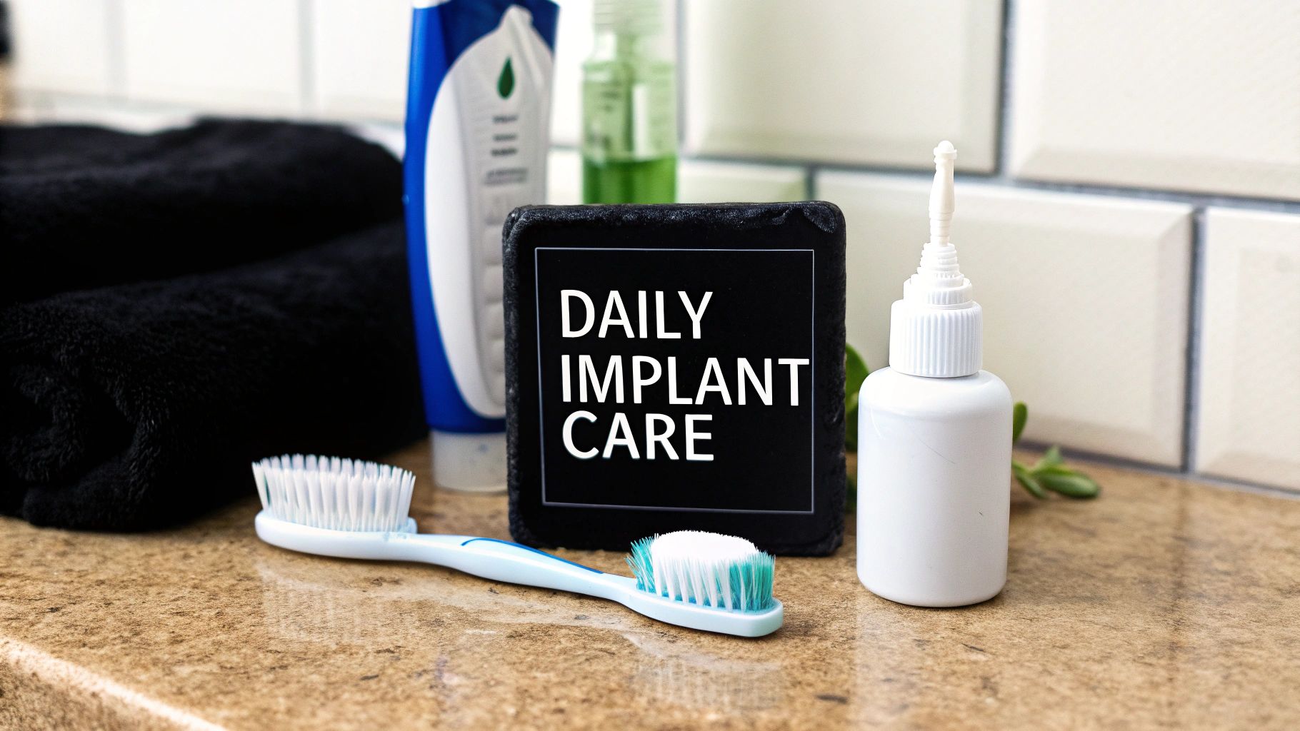 A toothbrush, a white bottle, and a sign displaying 'DAILY IMPLANT CARE' on a bathroom counter.