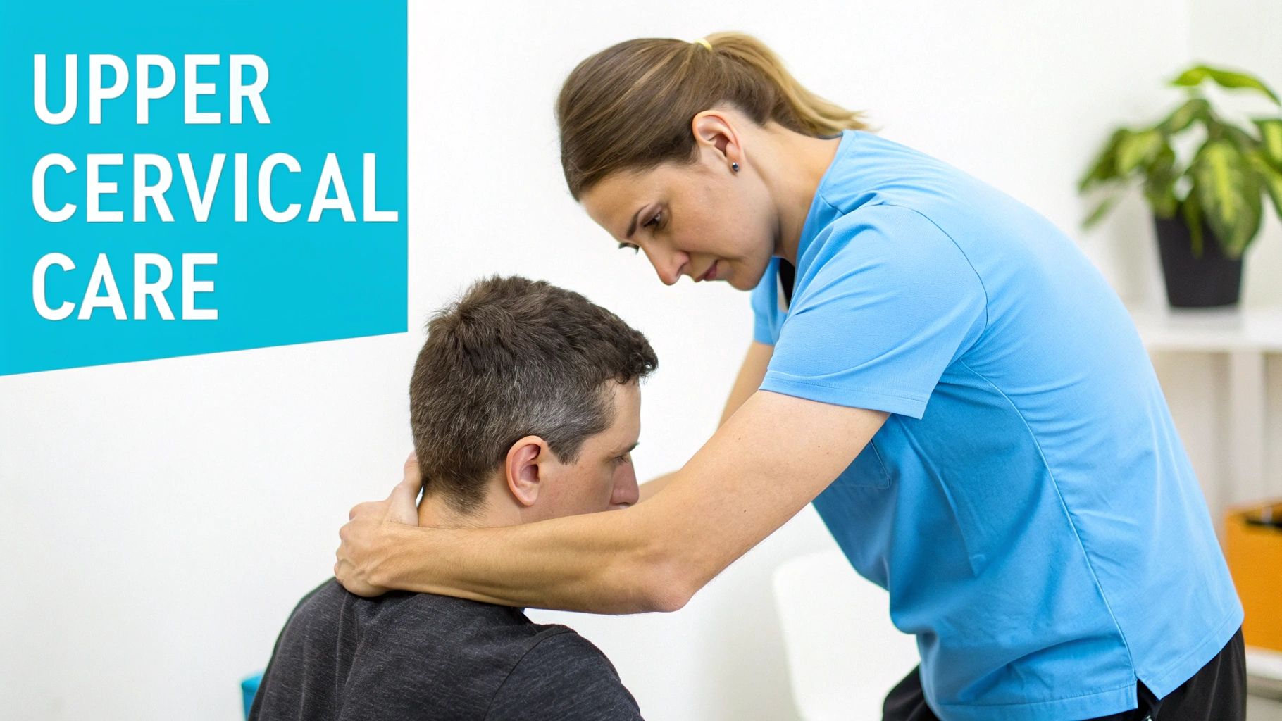 A female therapist in blue scrubs performing an upper cervical adjustment on a male patient.