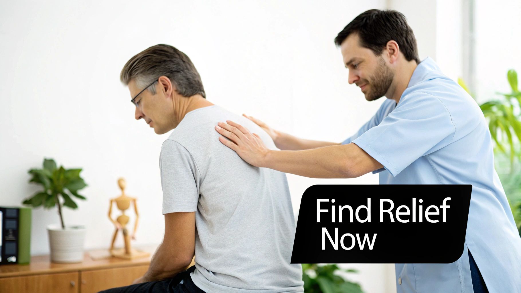 A male chiropractor gently performs a back adjustment on a male patient in a bright room.