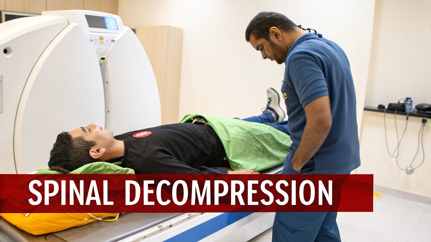 A male patient undergoes spinal decompression therapy on a medical table, supervised by a male technician.