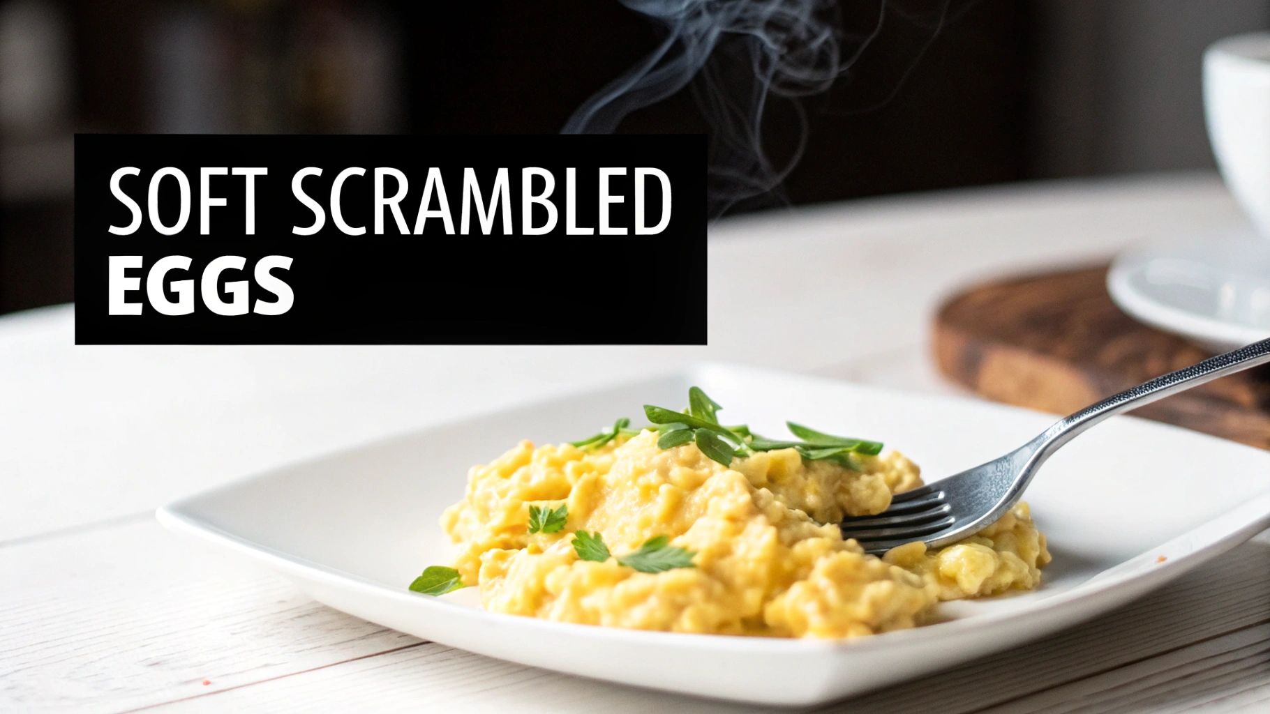 A close-up of a steaming plate of soft scrambled eggs garnished with fresh green herbs and a fork.