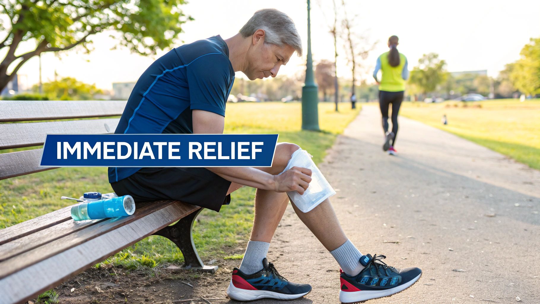 A man applies an ice pack to his knee while resting on a park bench for immediate relief.