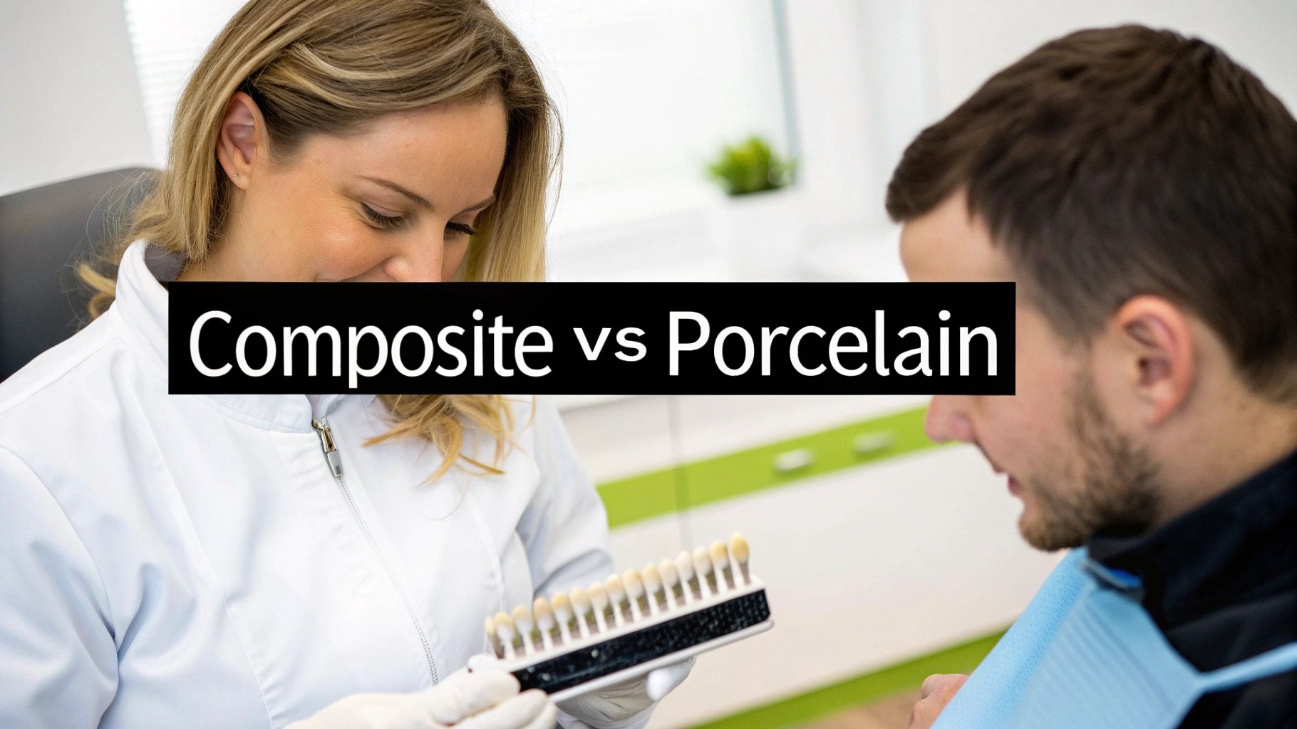 A female dentist in a white coat holds a tooth shade guide, consulting with a male patient.