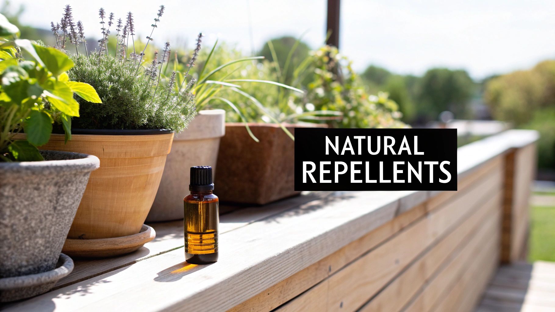 Potted plants like lavender and basil with an essential oil bottle on a wooden deck, for natural repellents.