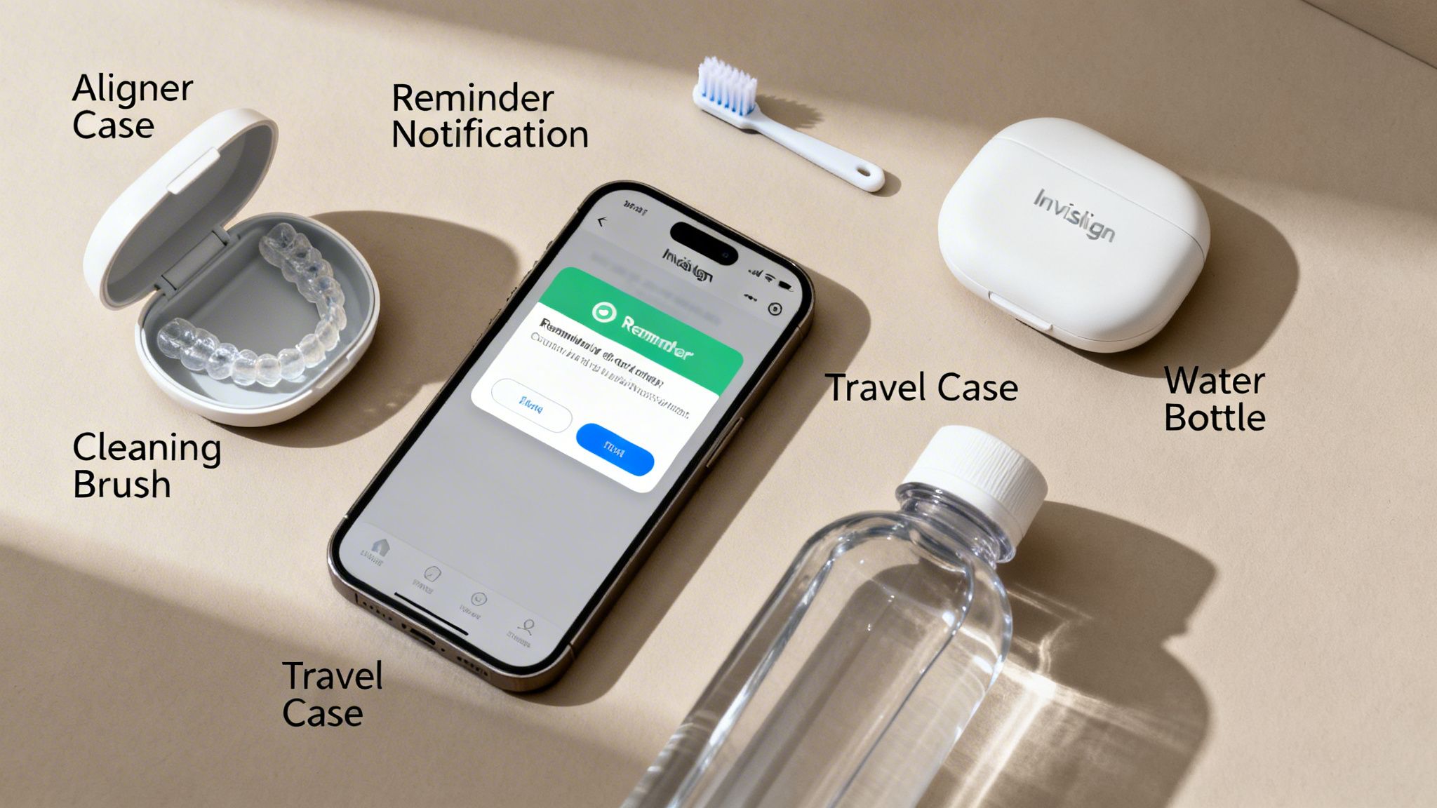 A flat lay of Invisalign care essentials, including clear aligners, cases, cleaning brush, and a reminder on a phone.