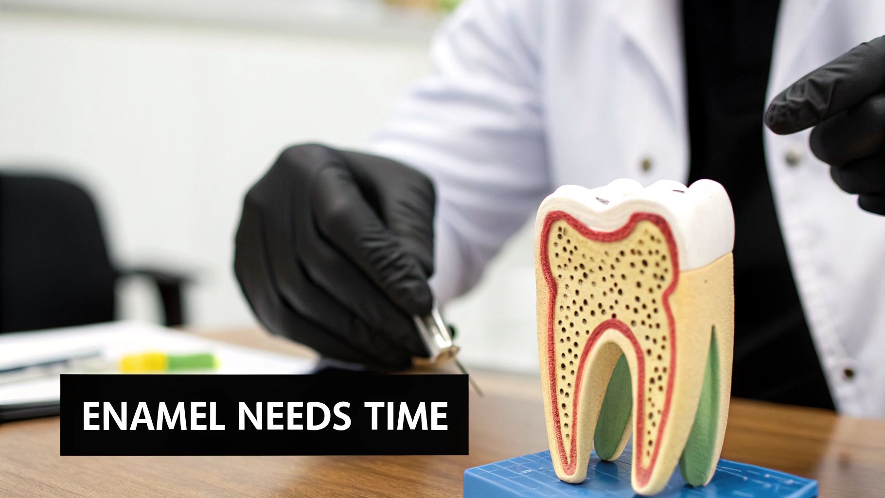 A person in a lab coat and black gloves examines a cross-section tooth model, emphasizing enamel health.