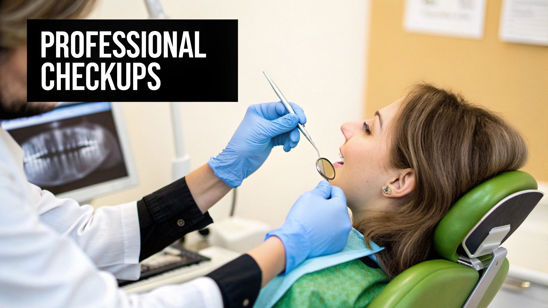 Dentist in blue gloves examining a patient's teeth during a professional checkup, with an X-ray visible on a monitor.