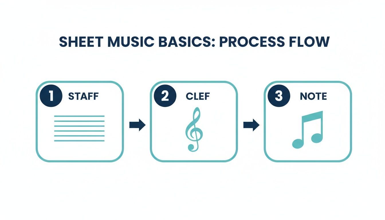 A process flow diagram illustrating sheet music basics: staff, clef, and note progression.