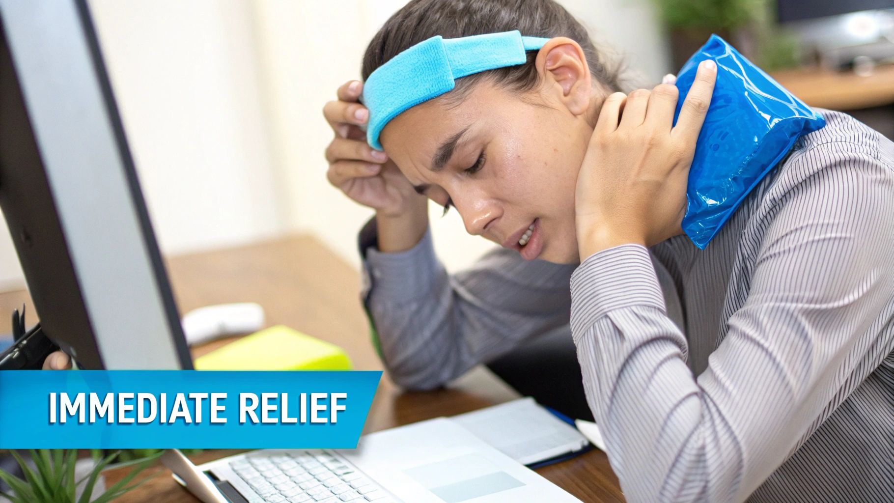 A person with a headache and neck pain applies a cold pack and headband for immediate relief at an office desk.
