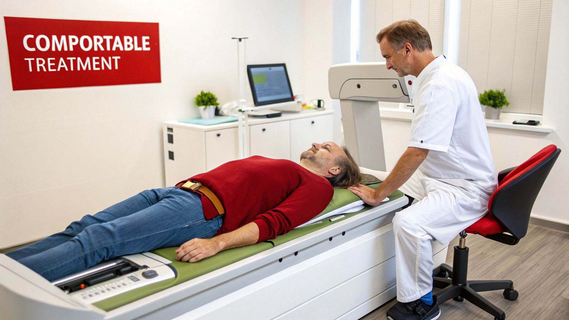 Doctor supervises a male patient on a spinal decompression therapy machine for comfortable treatment.