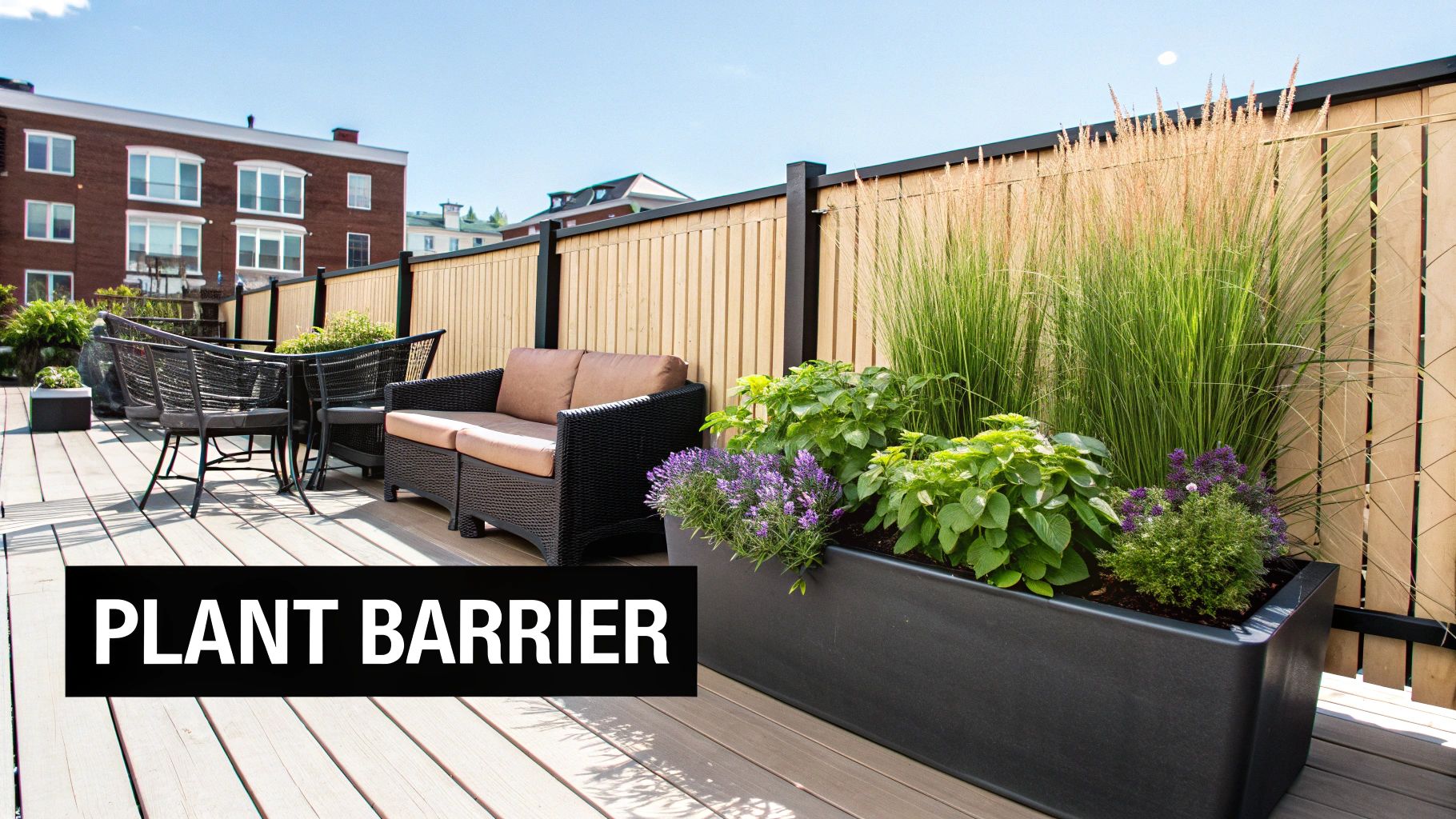 A long black planter on a modern rooftop patio with ornamental grasses and purple flowers, serving as a natural barrier.