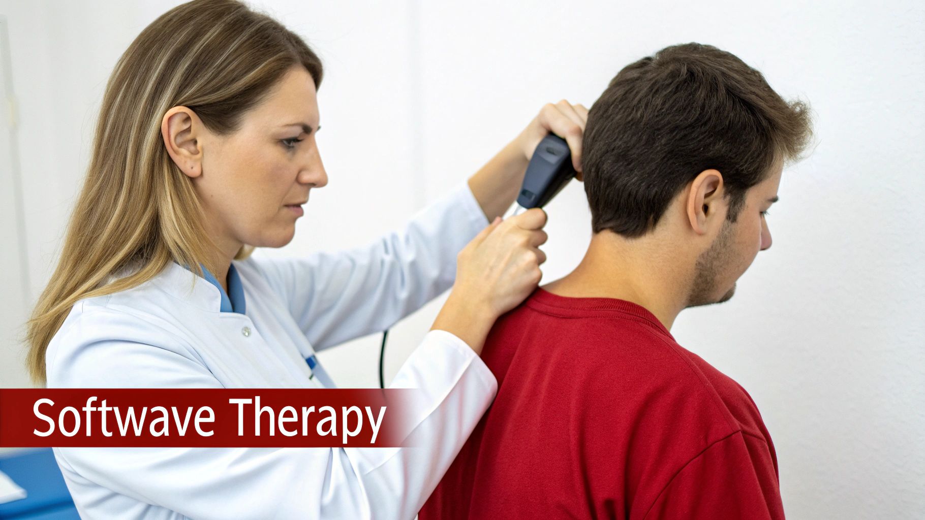 A female therapist administers Softwave Therapy to a male patient's neck with a handheld device.