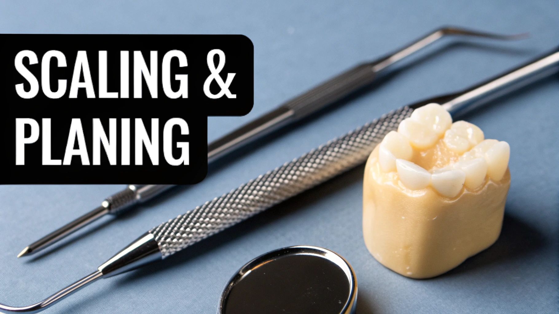 Close-up of dental tools including a scaler, mirror, and tooth model, with 'SCALING & PLANING' overlay.