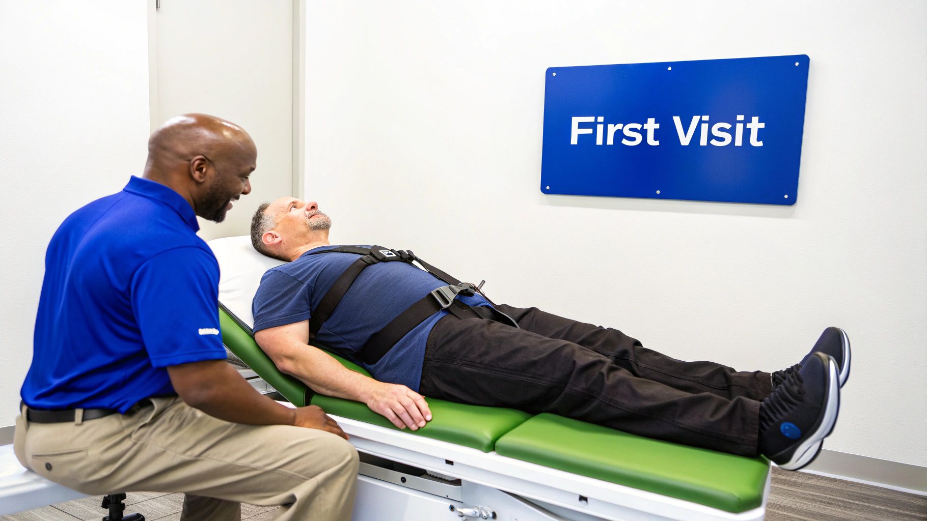 A therapist speaks with a patient lying on a spinal decompression table during a first visit.