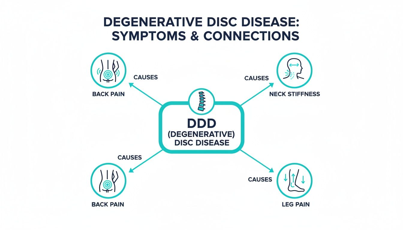 An infographic illustrating Degenerative Disc Disease (DDD) and its connections to symptoms like back pain, neck stiffness, and leg pain.