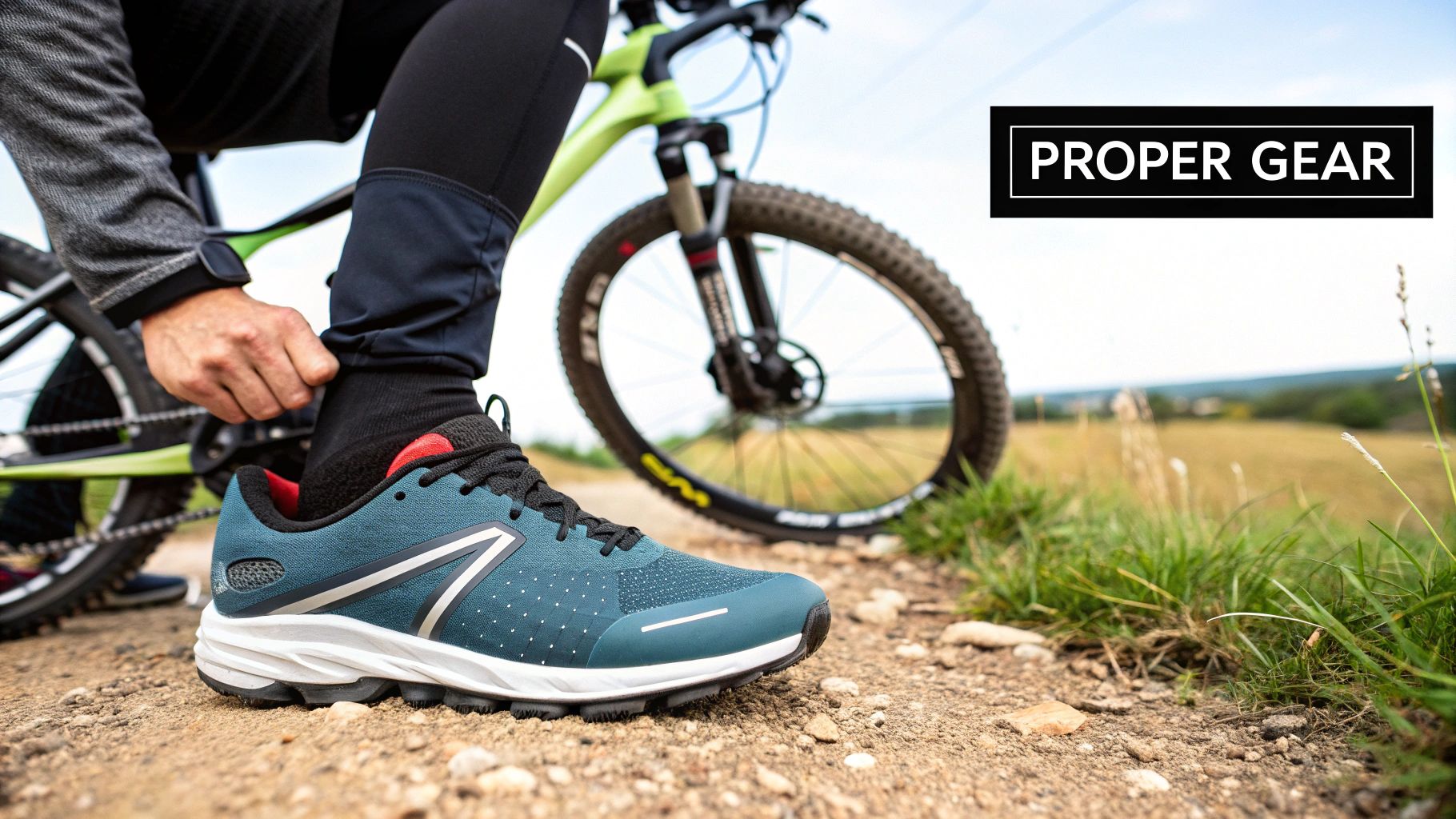 Close-up of a person adjusting their legwear and cycling shoe next to a mountain bike on a dirt path.