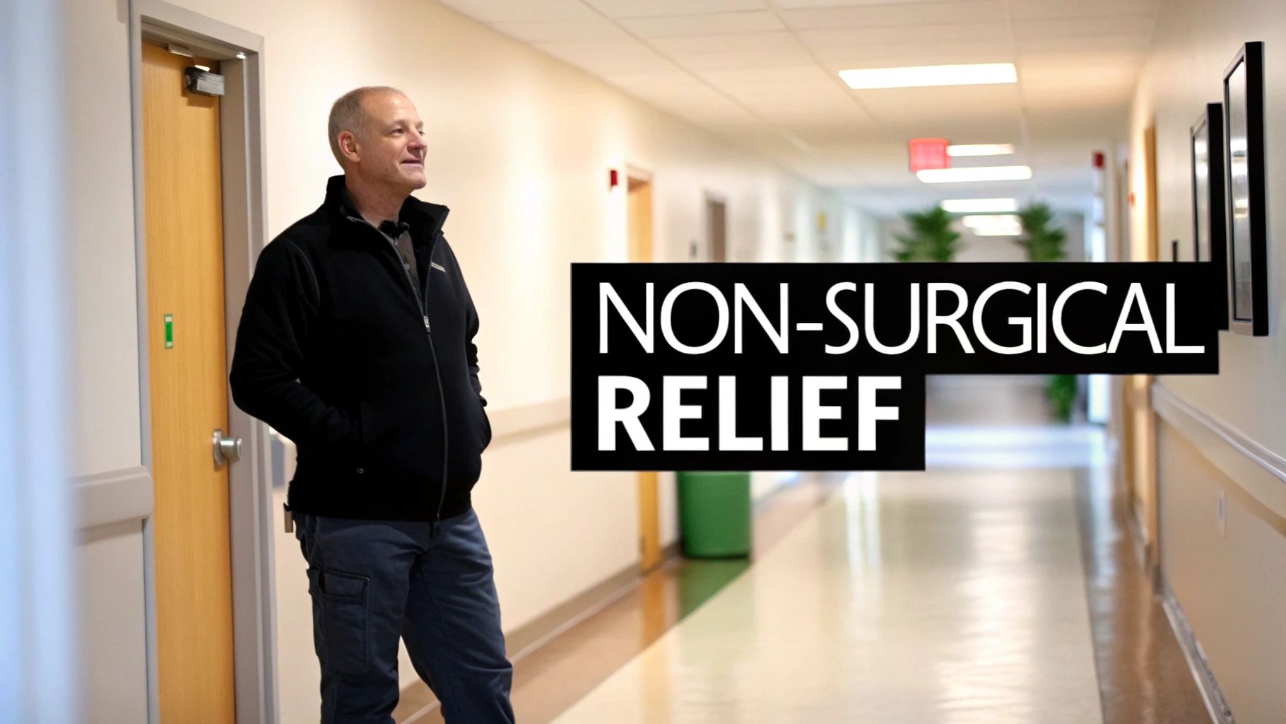 A man stands confidently in a bright medical hallway with 'NON-SURGICAL RELIEF' text.