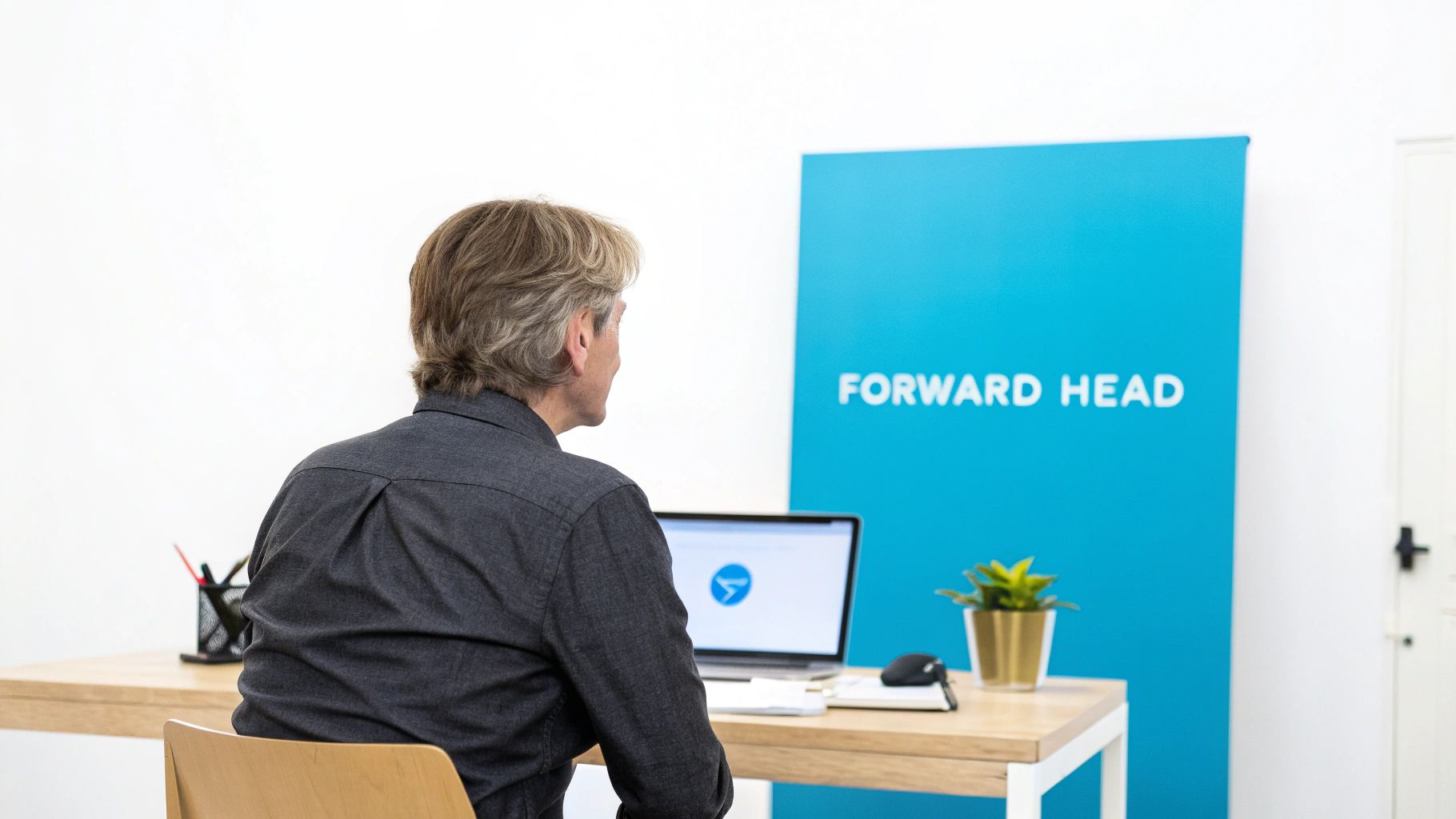 A man from behind sits at a desk, looking at his laptop, with a "FORWARD HEAD" banner in the background.
