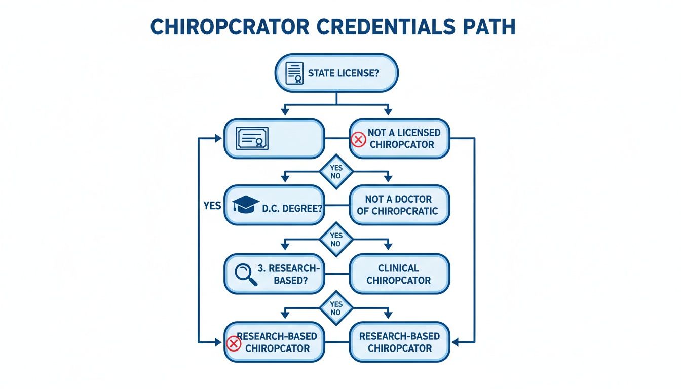 Flowchart illustrating the chiropractor credentials path, including state license, D.C. degree, and research-based criteria.