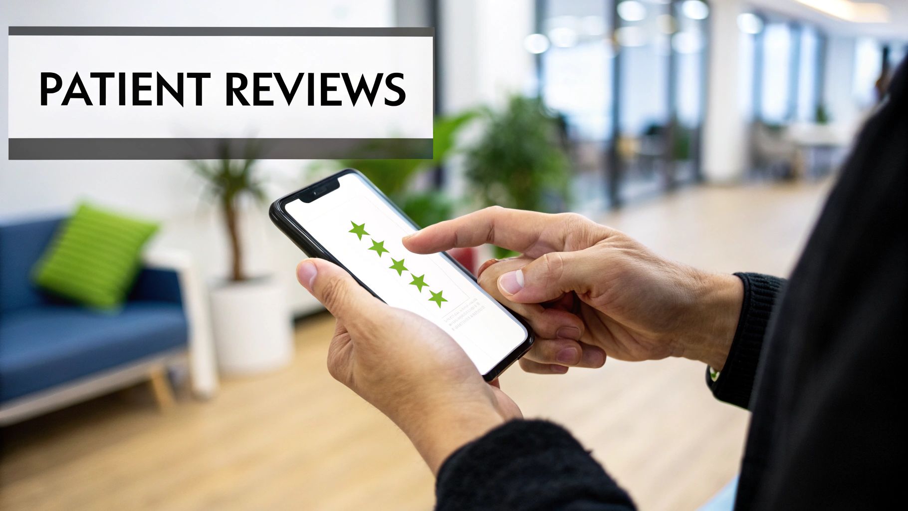 Hands hold a smartphone displaying five green stars for a rating, with a "PATIENT REVIEWS" sign visible.