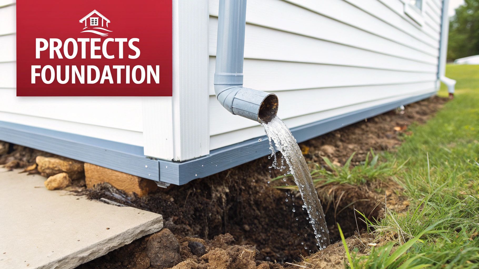 Water actively pours from a gray downspout, diverting runoff away from a house foundation.
