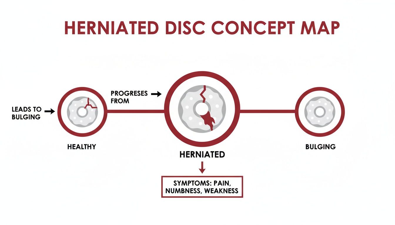 Concept map illustrating a healthy disc progressing to a herniated disc, causing pain and numbness, and also leading to bulging.