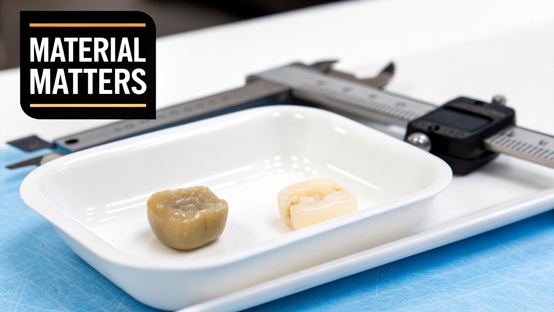 Two scientific samples, one brown and one light, in a white tray with a digital caliper.