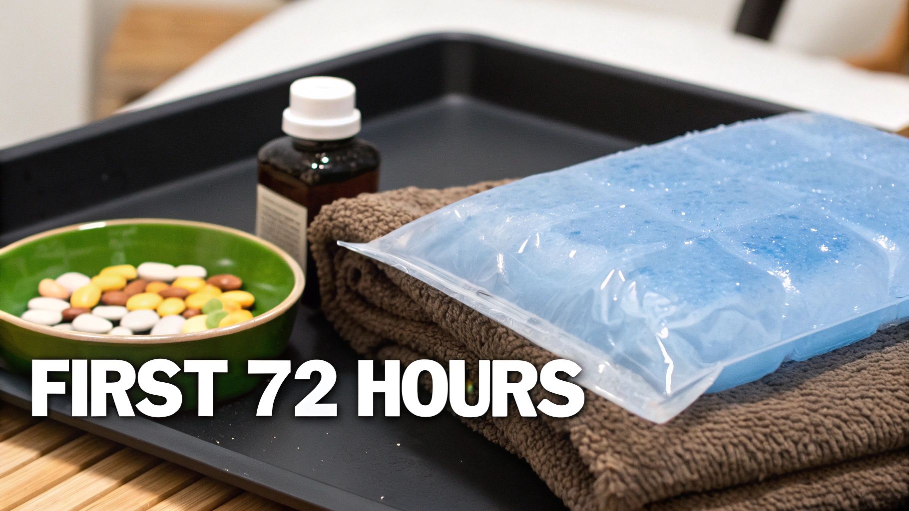 Pain management tray with an ice pack, a bowl of colorful pills, and a medicine bottle.