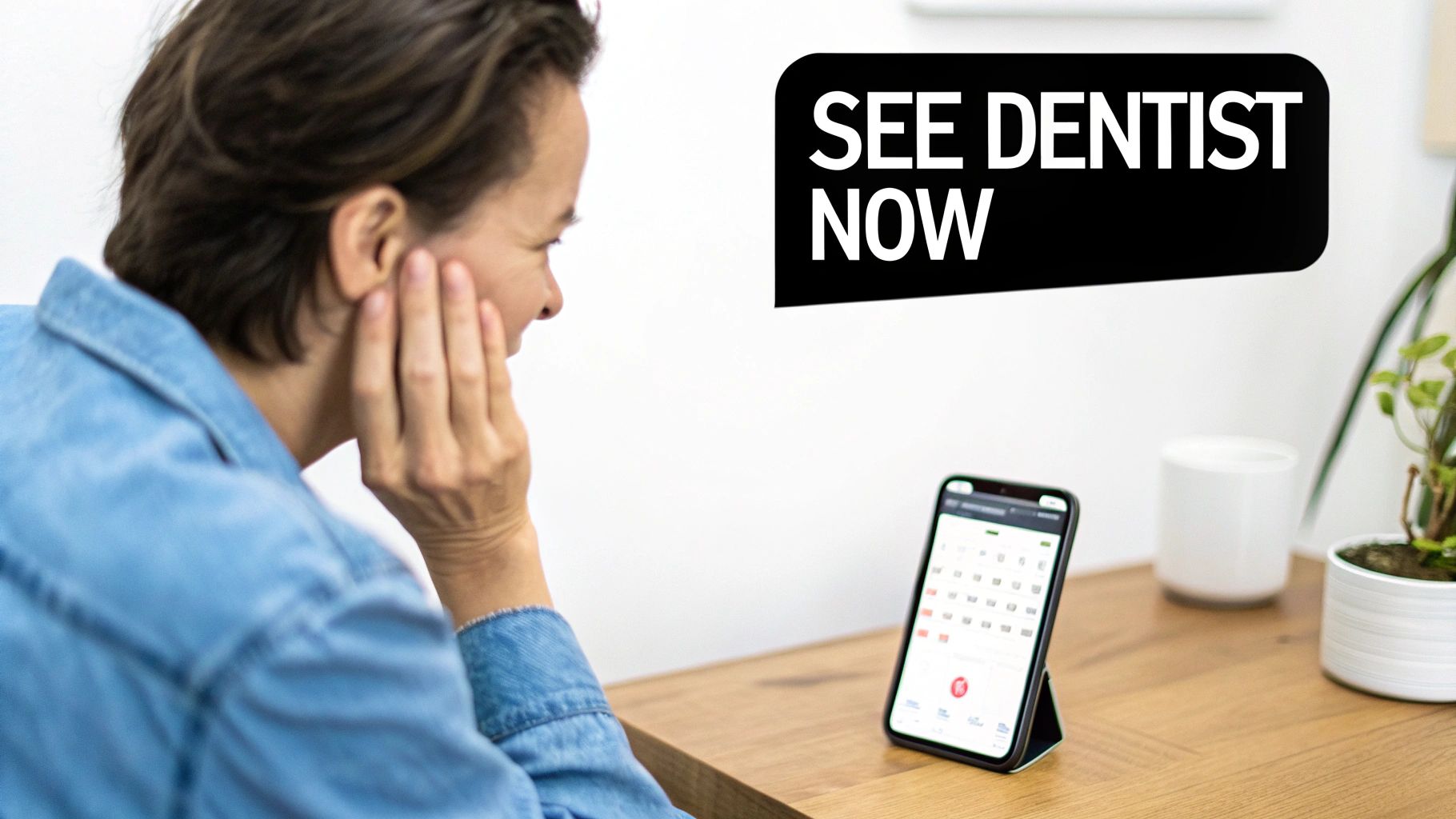 Person with hand on cheek, looking at a phone calendar; a speech bubble reads 'SEE DENTIST NOW.'