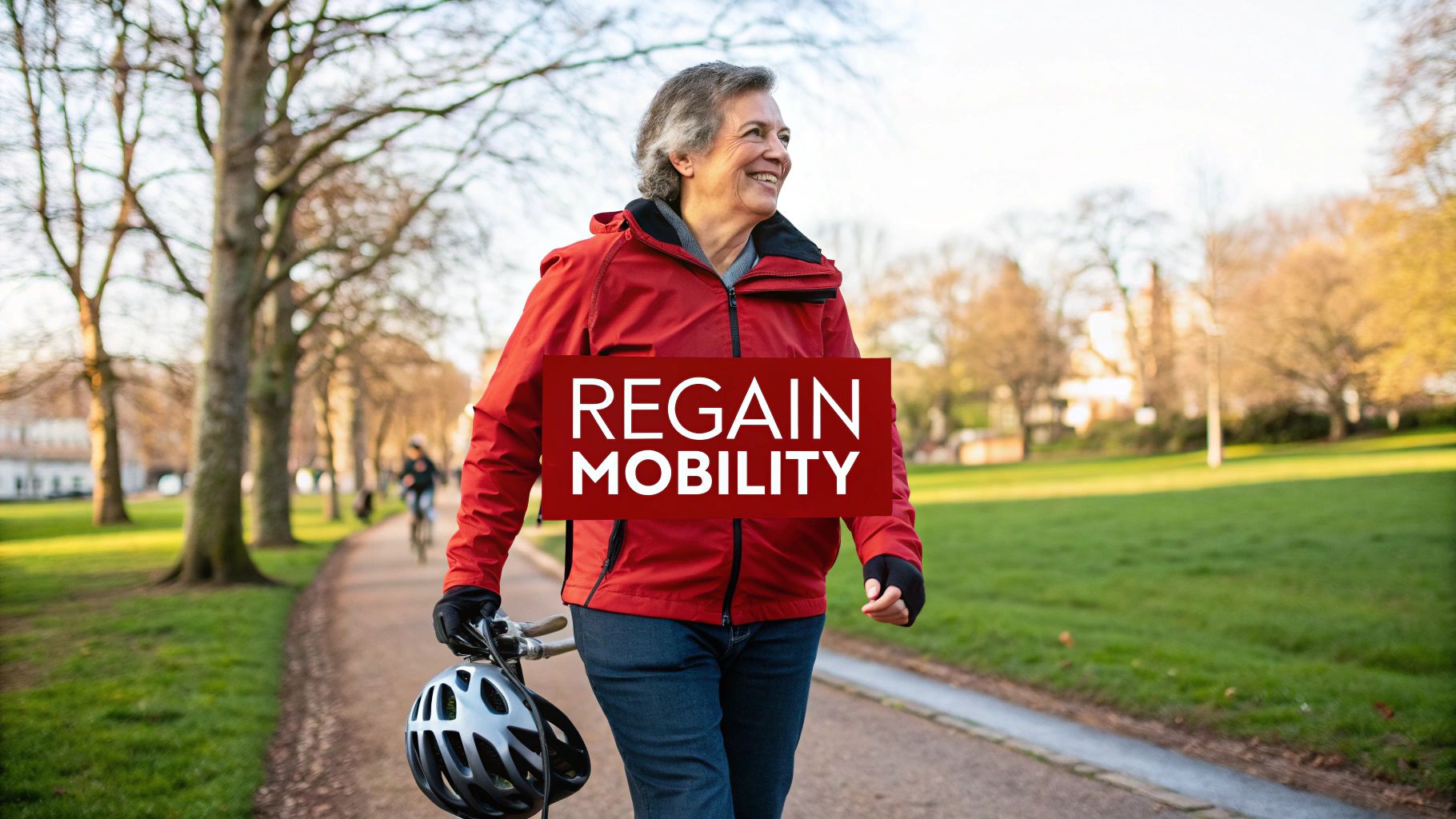 A smiling senior woman in a red jacket walks outdoors in a park with a bike and helmet.