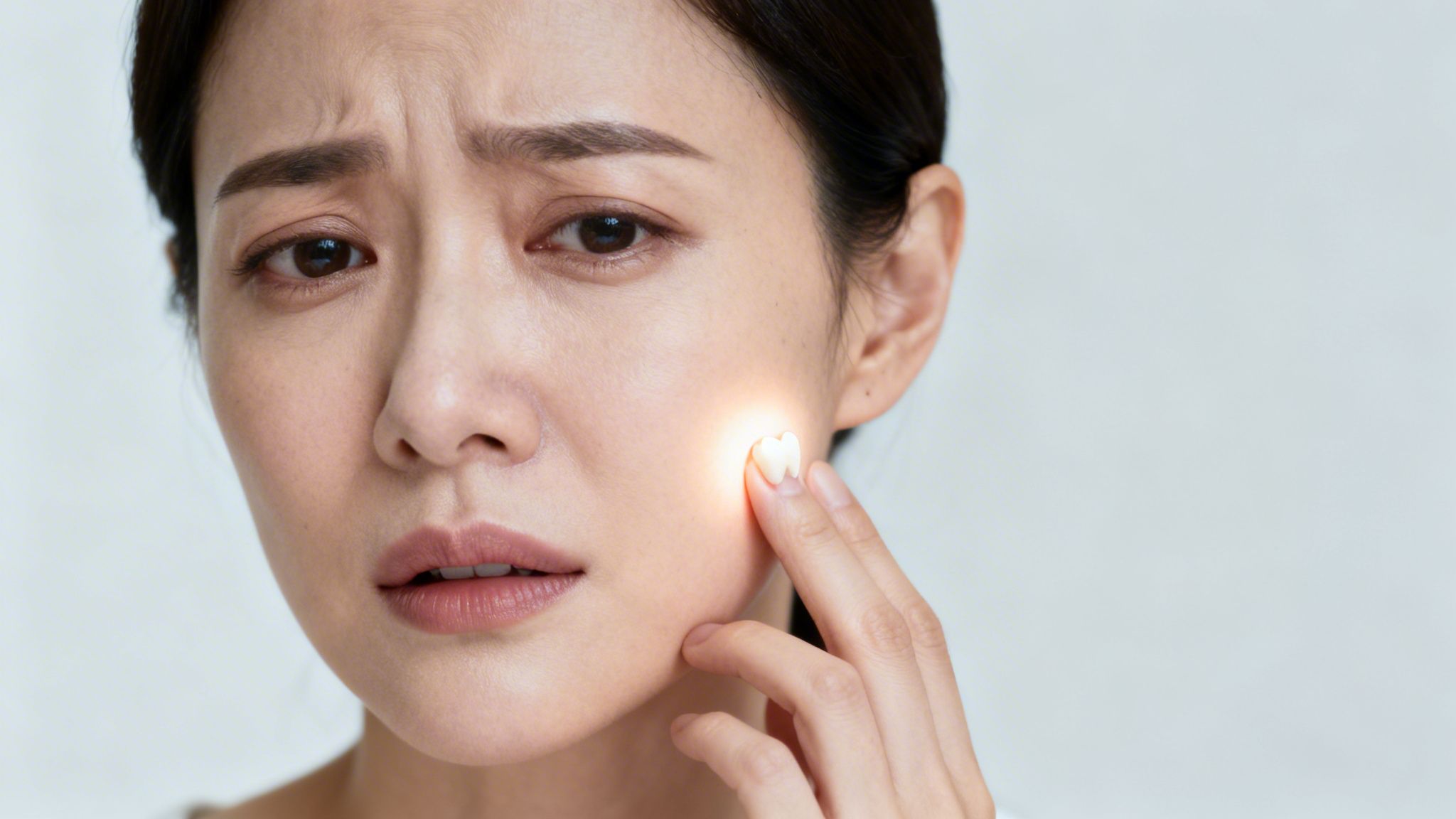 A worried woman touching her cheek, with a glowing tooth highlighting tooth pain or a dental problem.