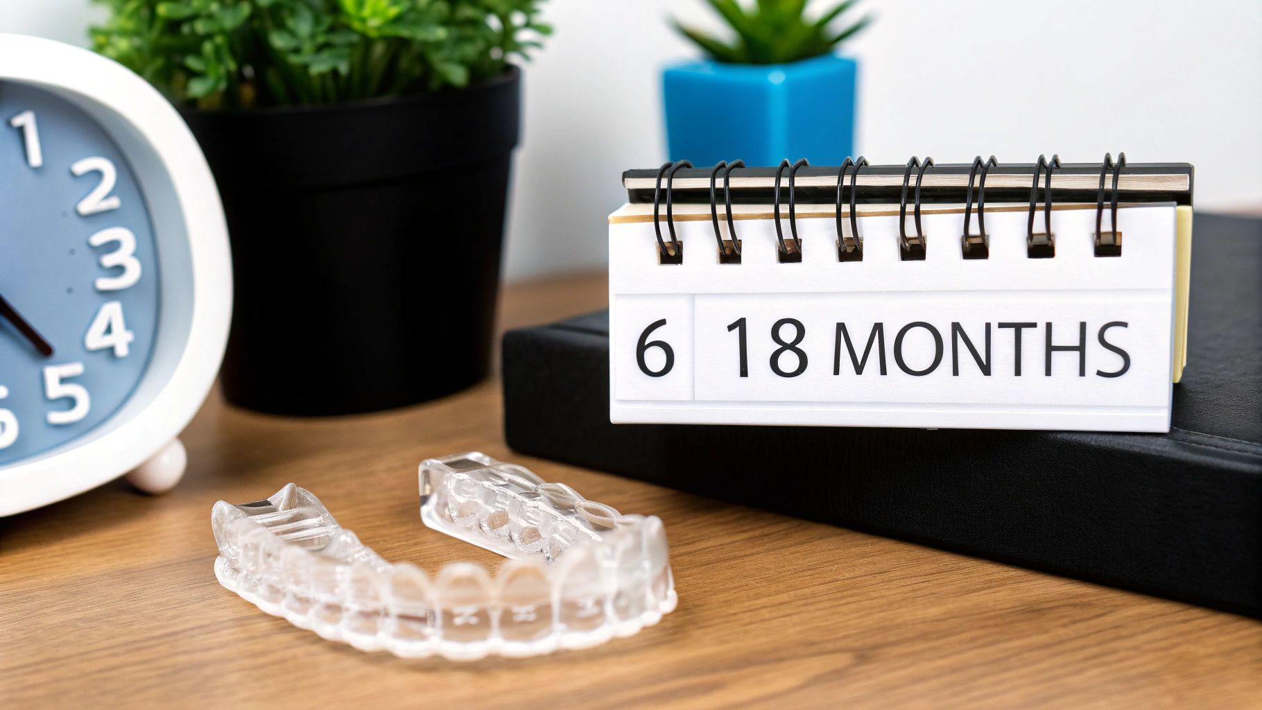 A clear dental retainer, a white clock, and a calendar showing '18 MONTHS' on a wooden desk.