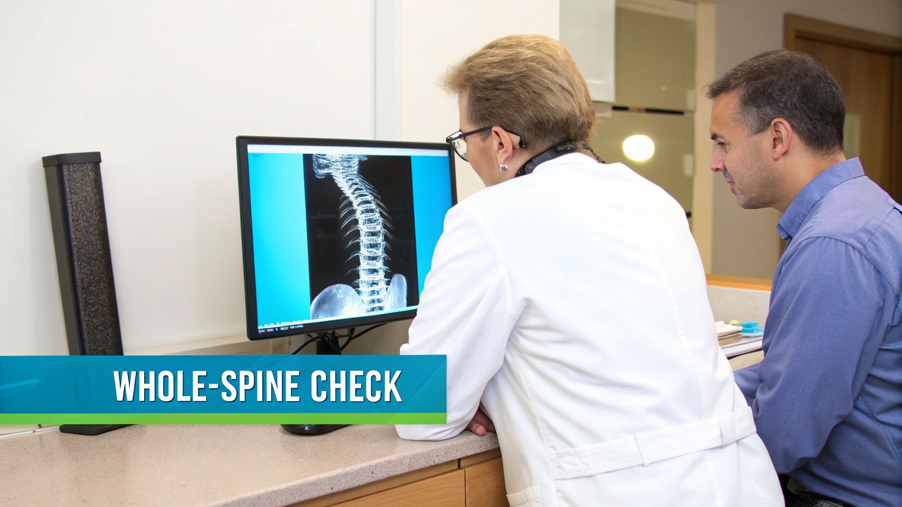 A doctor and male patient analyze a whole-spine X-ray on a computer screen in a medical office.