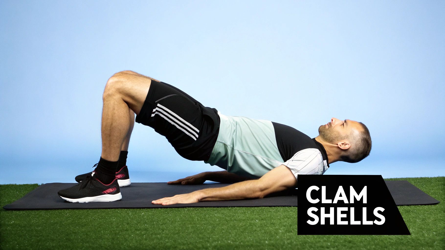 A person performs a clam shell exercise on a mat, demonstrating proper form for hip abduction.