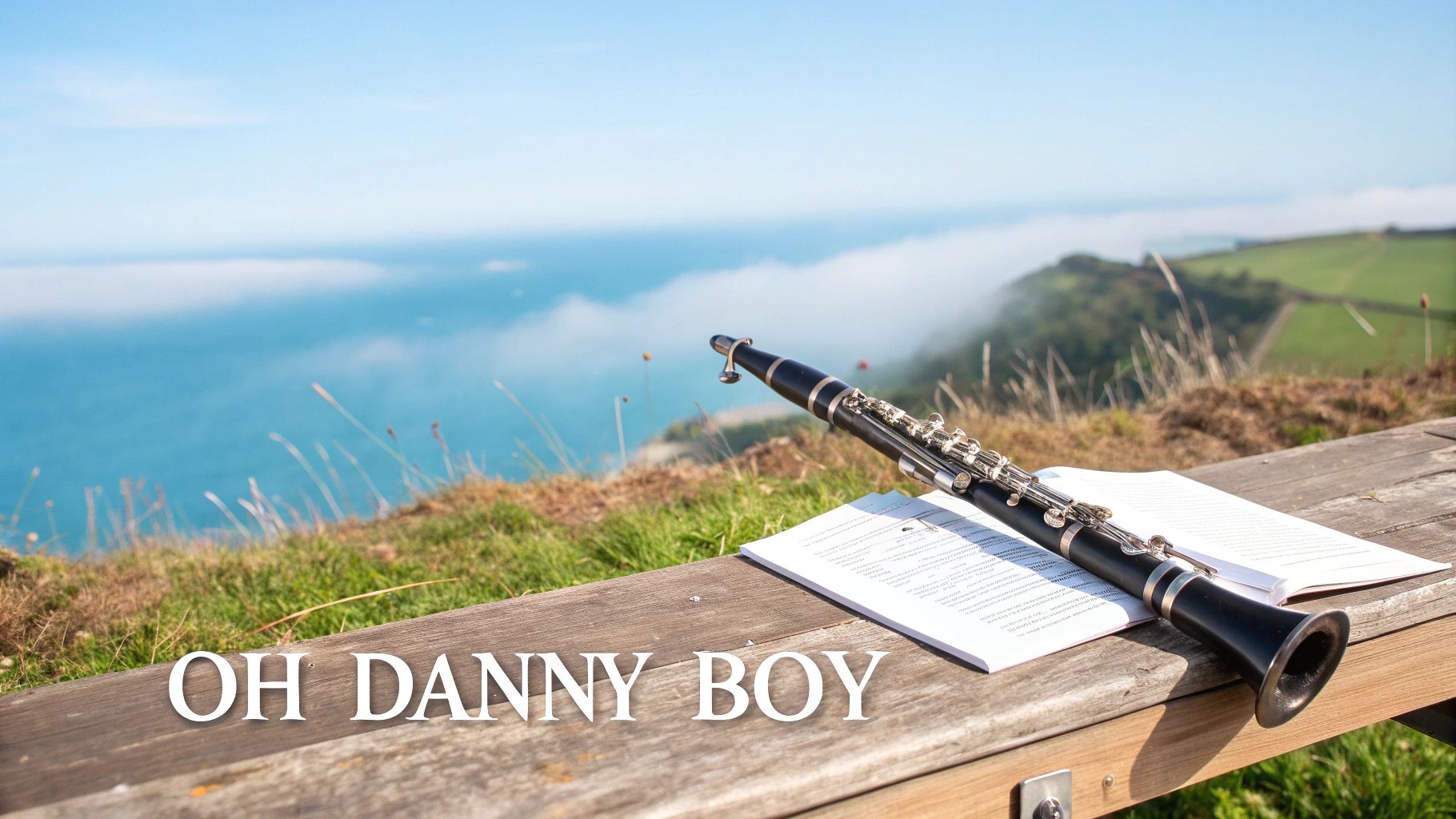 A black clarinet and sheet music for "Oh Danny Boy" rest on a wooden bench overlooking a misty blue ocean.