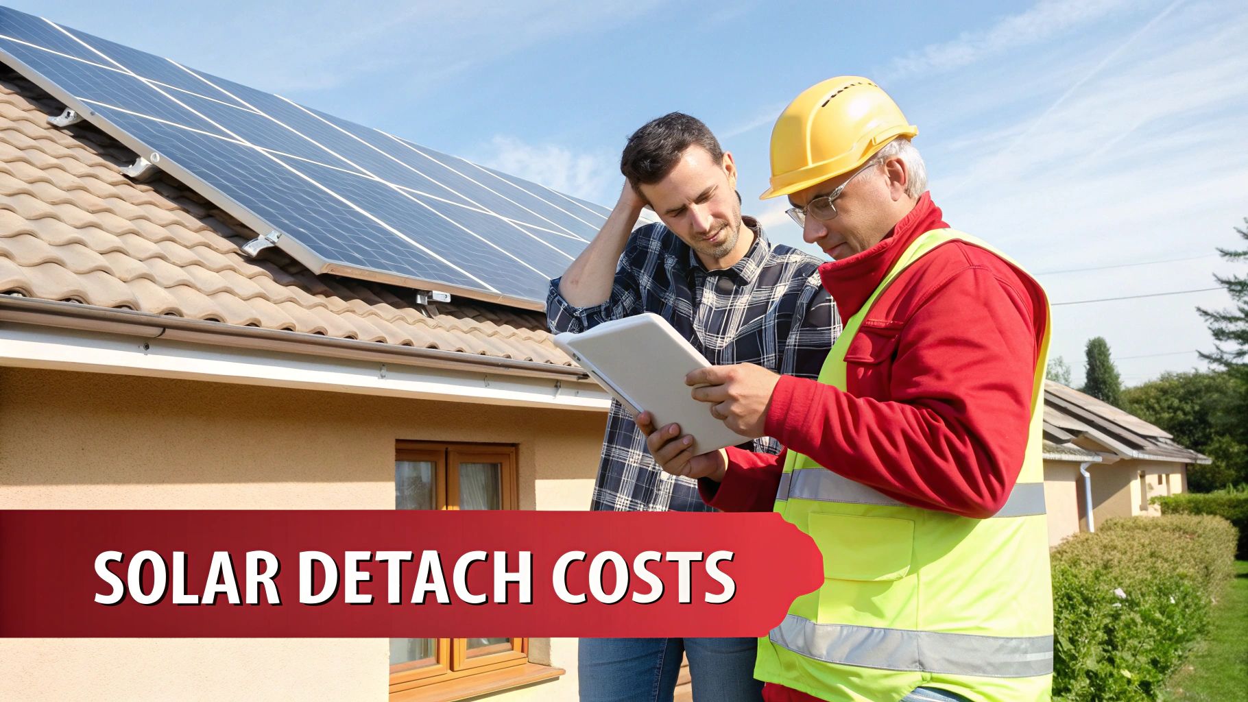 Two men discuss solar panel detach costs on a tablet next to a house with rooftop solar panels.