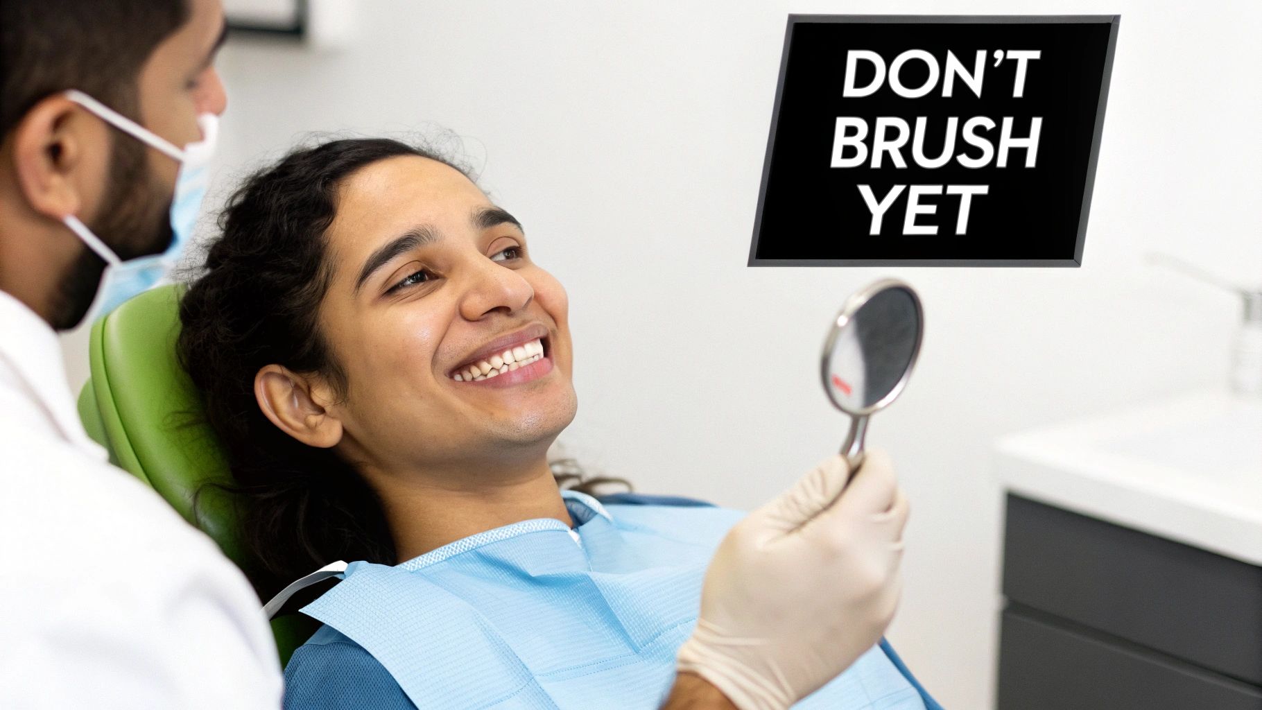 Smiling patient in dental chair examines their brightened teeth in a mirror, a "DON'T BRUSH YET" sign above.