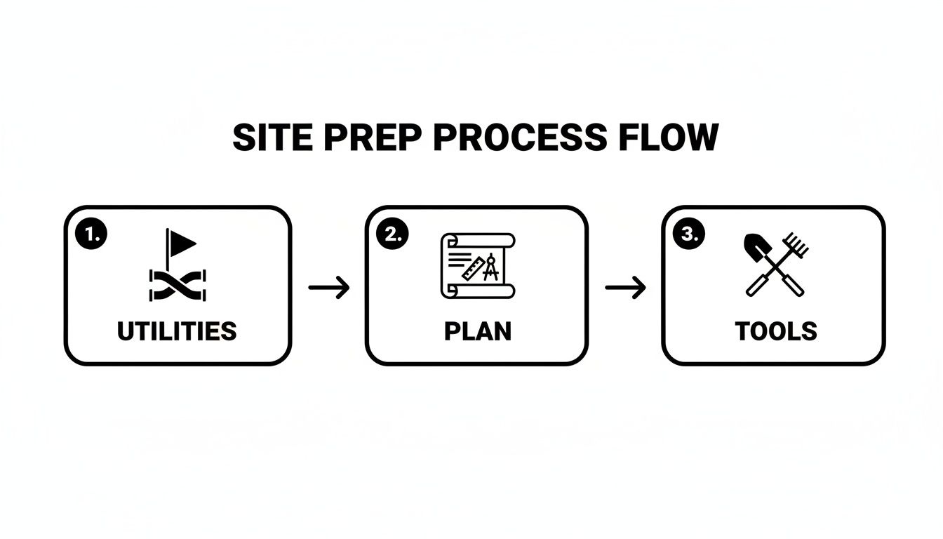 A site prep process flow diagram showing steps for utilities, planning, and tools.