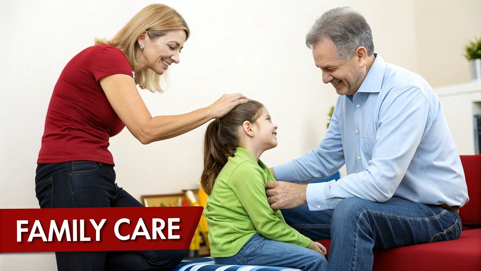 A smiling family, including a woman, man, and young girl, showing affection and care.