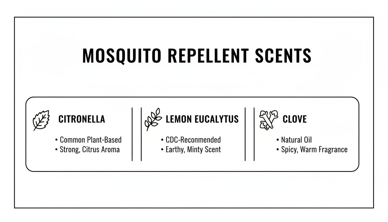 Infographic showing three mosquito repellent scents: Citronella, Lemon Eucalyptus, and Clove, with their descriptions.