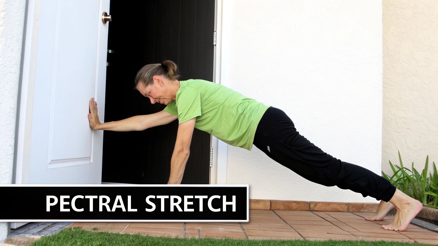 Hershey Family Chiropractic | Neck Pain Chiropractor in Hershey, PA: Your Guide to Lasting Relief A woman in a green shirt performs a pectoral stretch against a white door, leaning forward to stretch her chest.