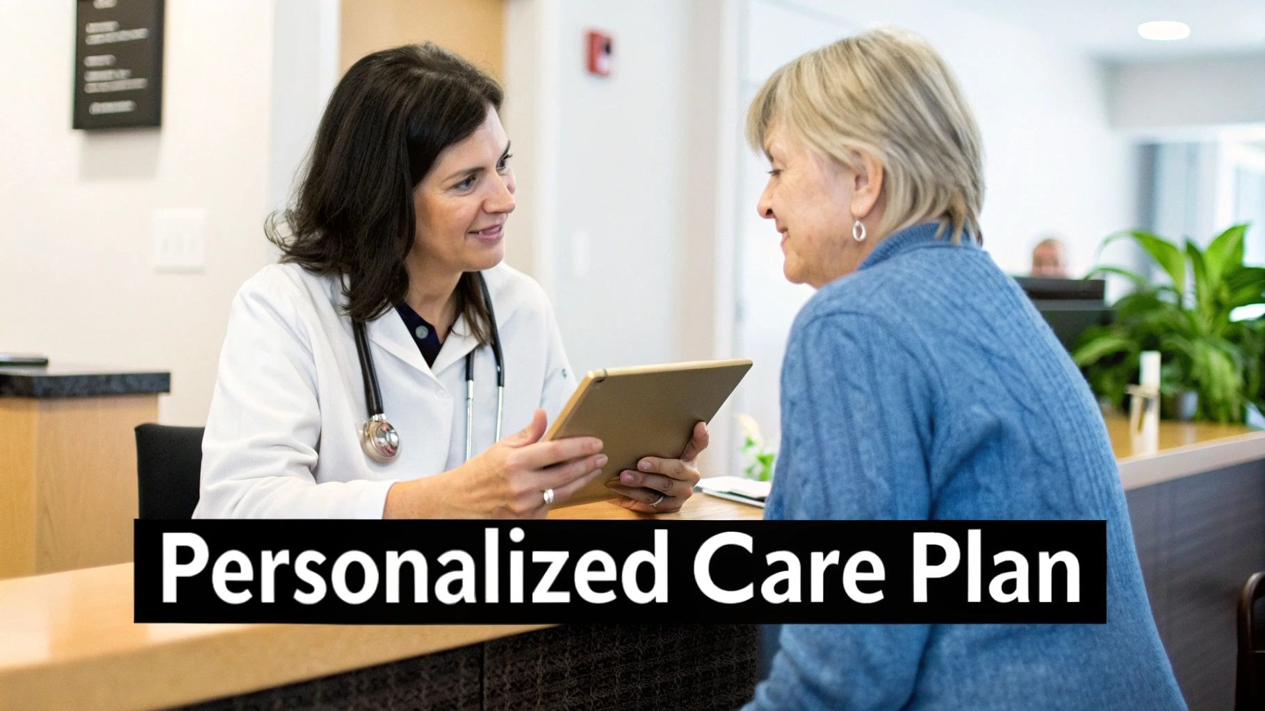 A smiling doctor in a lab coat discusses a personalized care plan with an elderly patient.