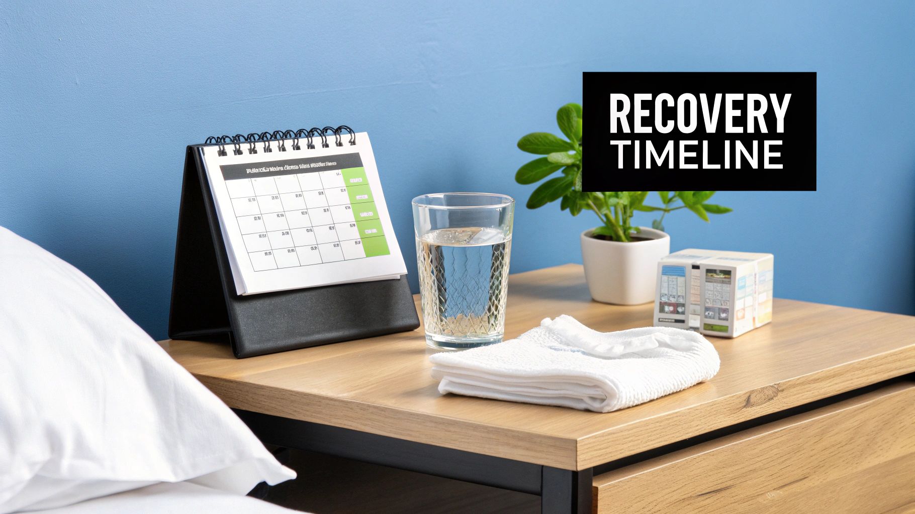A bedside table with a calendar, glass of water, towel, and plant, representing a recovery timeline.