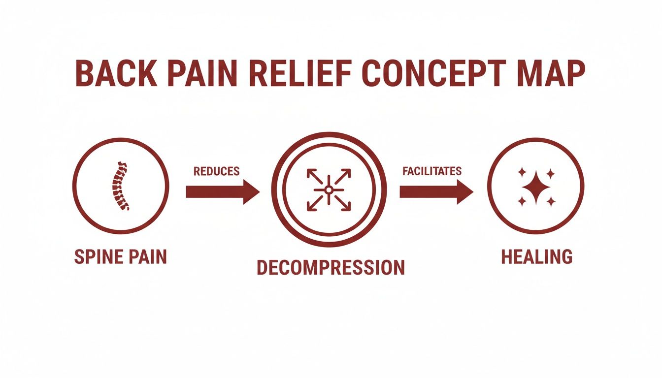 Concept map illustrating how spinal decompression reduces back pain and facilitates healing.