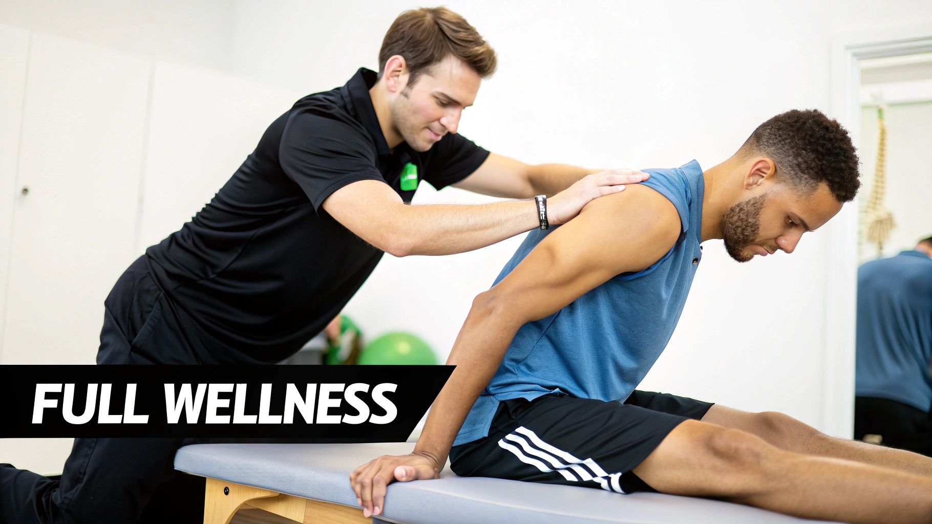A male therapist assists a male patient with a back or shoulder adjustment on a treatment table.