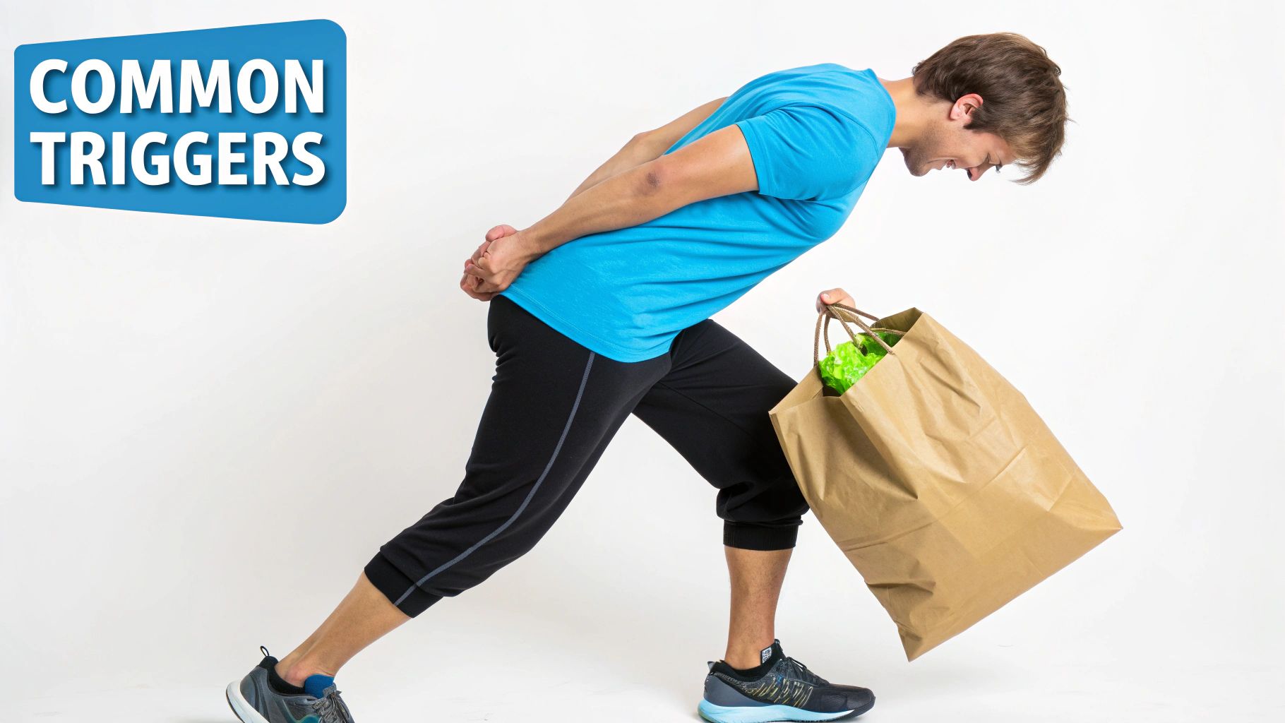 Man bending down to lift a shopping bag, holding his lower back, with text COMMON TRIGGERS.