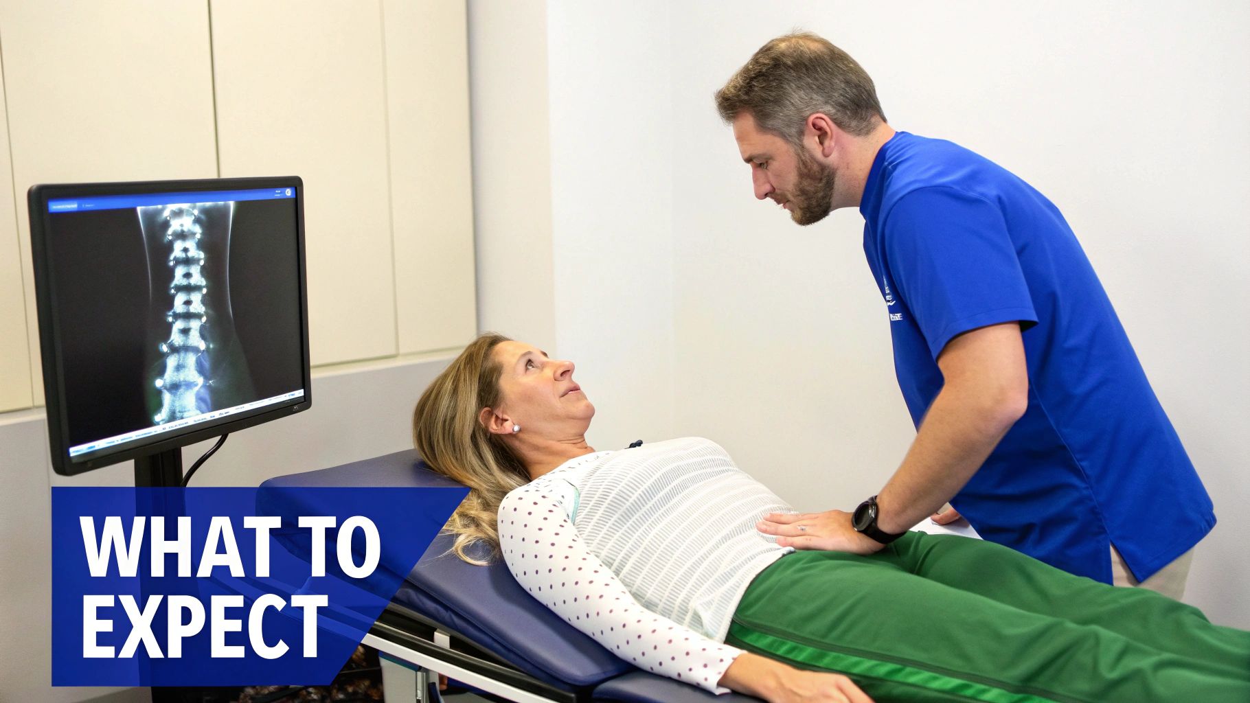 A male doctor examines a female patient lying on a medical table, with a spinal X-ray on a nearby monitor.