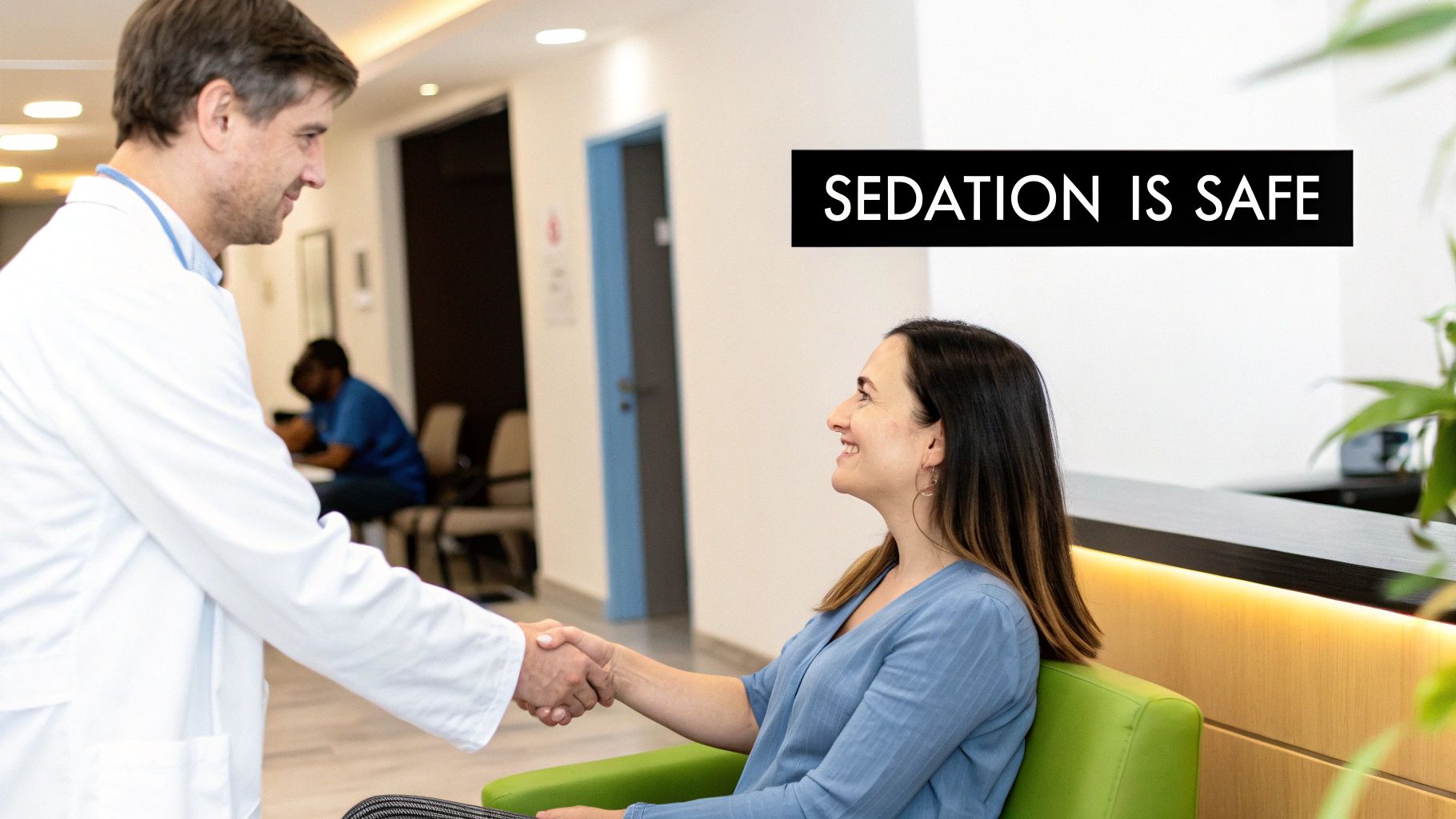 A friendly doctor shakes hands with a happy female patient in a medical office, promoting safe sedation.