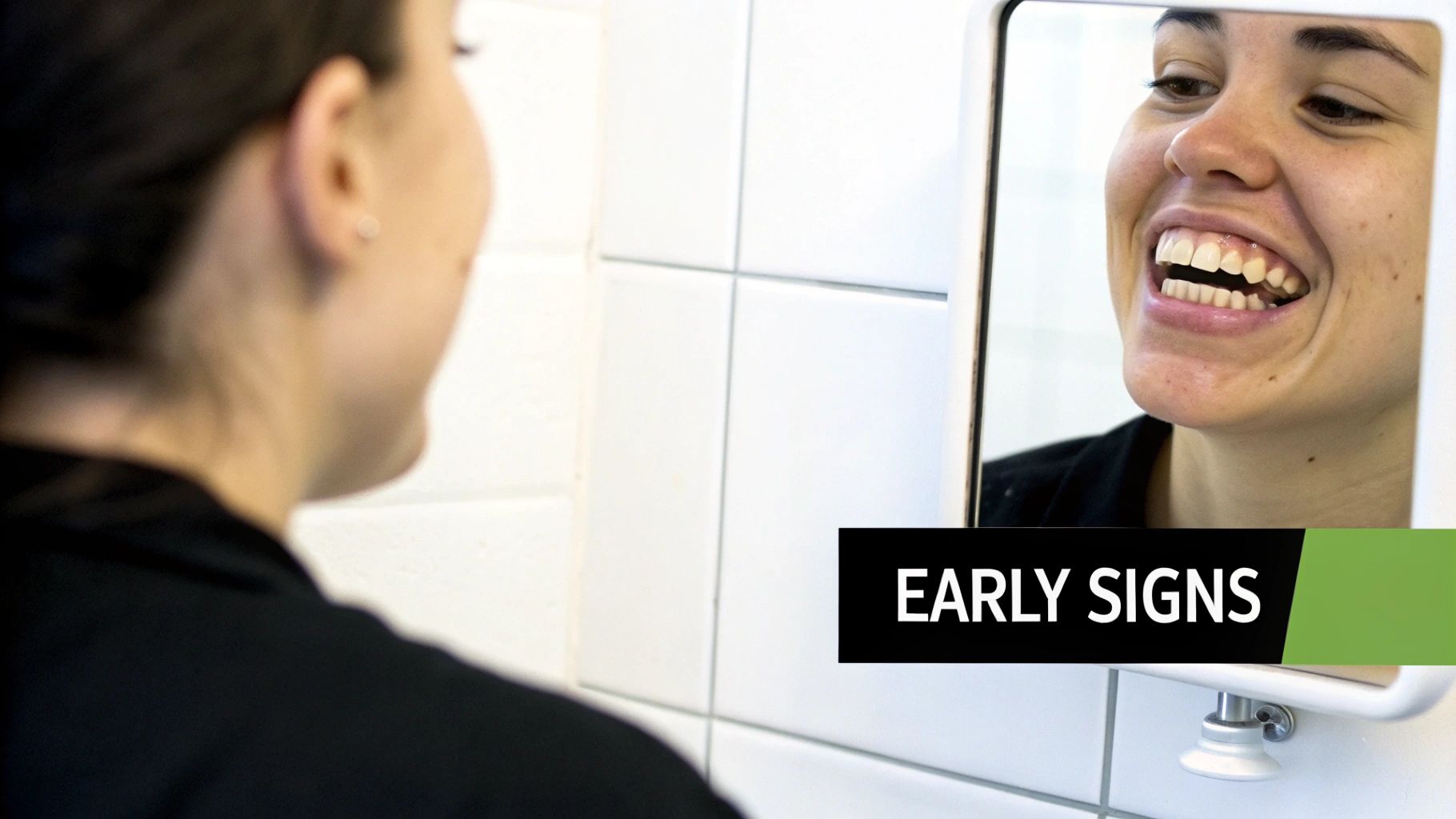 Woman smiles at her reflection in a mirror, showing her teeth, with 'EARLY SIGNS' text.